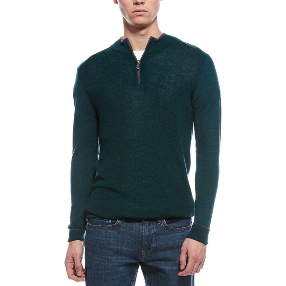 Raffi Mens  English Rib Wool-Blend 1/4-Zip Sweater, Green